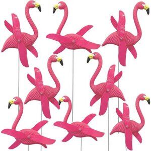 12 Pcs Twirling Wings Pink Flamingo Small - Yard Ornament with Metal Stakes